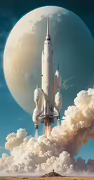 a painting of a space shuttle taking off from the moon