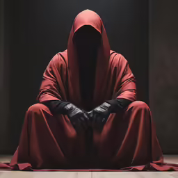 a person in red sitting in the dark with his hands near his knees