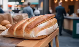 several loaves of bread sit on a wood table