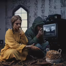 two people wearing yellow robes sitting next to each other near an old fashioned camera