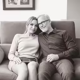an older man and woman cuddle close together on a couch