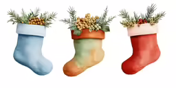 three christmas stockings are decorated with pine cones and fir berries