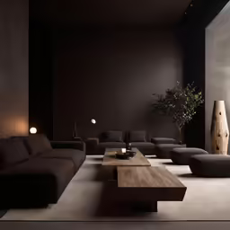 an artistic living room with the theme of dark and elegant