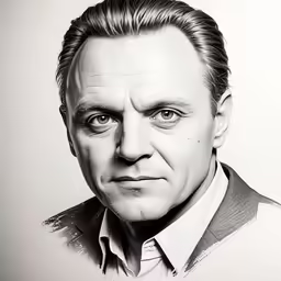 a black and white drawing of a man with big eyes