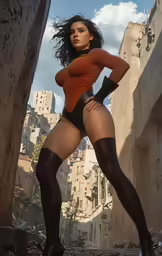 a woman in a very sexy black bodysuit poses with stockings