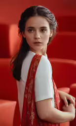 a girl in red sitting on a red chair