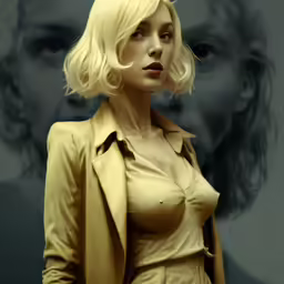 a lady with short blonde hair is looking away from the camera