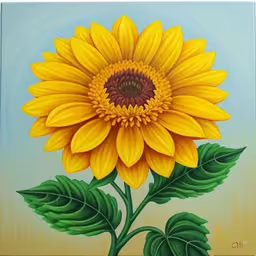 painting of sunflower on yellow and blue with green leaves,a close up of a painting of a sunflower