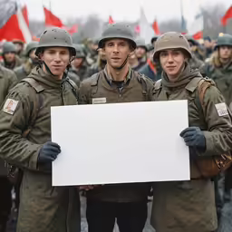 the soldiers are holding a blank sign and posing for a photo