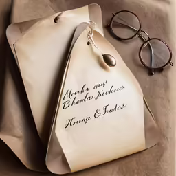 an old - fashioned shopping bag with two glasses on it
