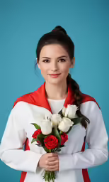 woman with a ponytail holding a bouquet of flowers
