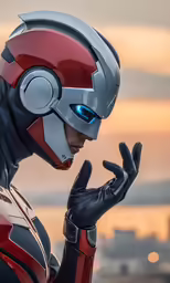 the man wearing a red and black suit has his hand in his mouth