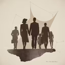 a group of people walking across a field with a huge triangular background