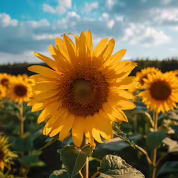 a sunflower with multiple petals stands in a field with other plants