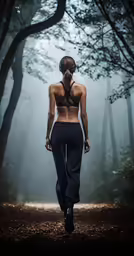 a woman walks down a path into the woods in her sports bra top