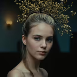 a woman with a flower crown on her head