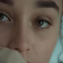a close up view of a woman with blue eyes