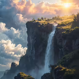 a waterfall is towering over a grassy hill