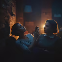 a woman is looking at her cell phone while another woman looks on