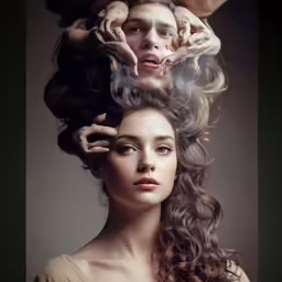 the woman in the long dress is holding her head over her shoulders