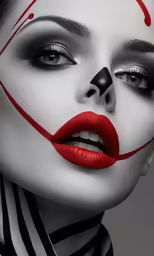 a young woman with red face makeup and black and white stripes