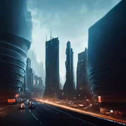 a cityscape with buildings and street lights is shown at night