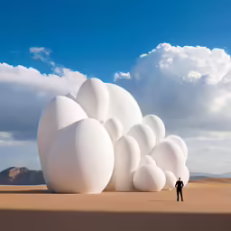 a lone figure stands in front of huge balls of balloons