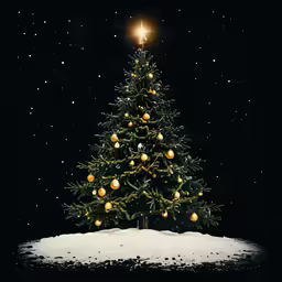 a christmas tree on a snowy surface lit with a street light