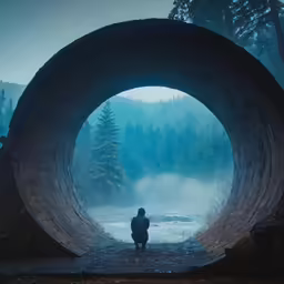 a person standing in the middle of a tunnel