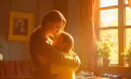 woman embracing child in living room during sunset