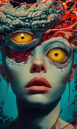 a woman with yellow eyes and a strange hairs