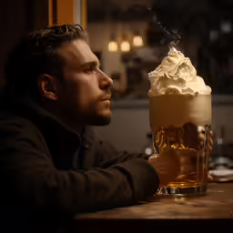 the man is sitting at the bar holding a mug with whipped cream on top of it