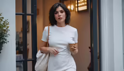 a beautiful young lady standing outside a white building
