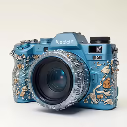 a camera sitting on top of a table with a lens