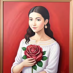 a painting of a woman holding a rose,a portrait of a woman with a flower in her hand