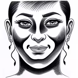 a drawing of a woman with black makeup,the girl with painted nose and eyebrows,the face of a woman with black and white make up,a drawing of a woman with long hair and a nose,an ink drawing of a face and eyebrows