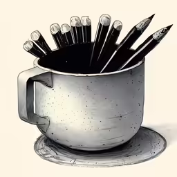 an artistic cup full of pencils and a pile of ones