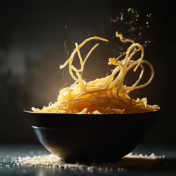 some noodles are in a black bowl on a table