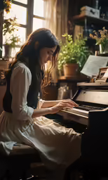 a young girl is playing the piano while sitting at a window