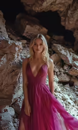 a woman with long hair wearing a red dress and heels