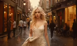 a woman with long hair walking down the street