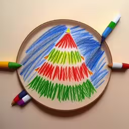 the crayons are on the paper for a christmas tree drawing,colorful pencils sitting on top of a plate with a drawing of a christmas tree