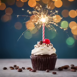 a cupcake is decorated with white frosting and fireworks