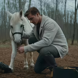 a man crouched down in front of a horse