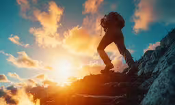 a person in the mountains with a backpack is climbing