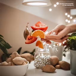 a person holding an orange slice with slices of fruit nearby
