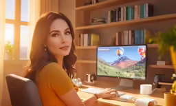 a woman sitting in front of a computer monitor
