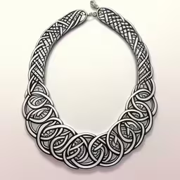 the image of a collar made from metal,an elaborate silver chain on a white surface,this is a photo of a metal necklace,a very unusual necklace on a white background,necklace, made with large metal beads, decorated in a decorative pattern