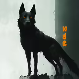 a black dog stands on a brick block with a yellow eye
