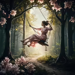 a woman swinging on a swing through the forest